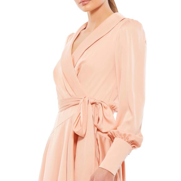 Mac Duggal NWT Salmon Peach Bishop Long Sleeve Satin Short Wrap Dress Size 0 - Picture 2 of 10